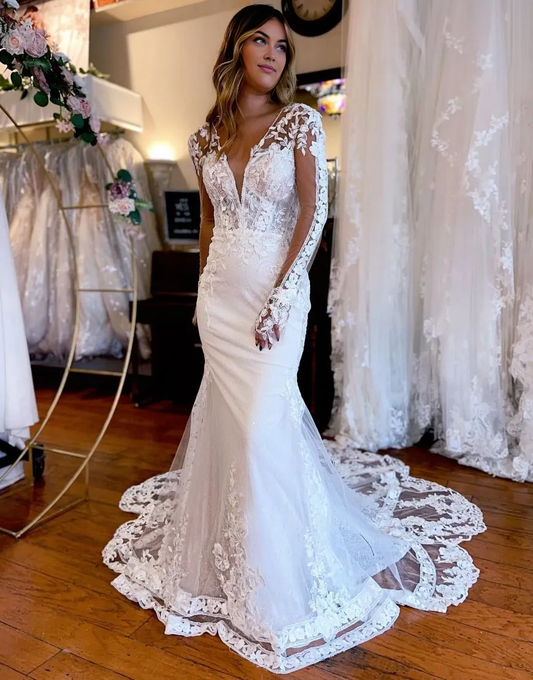 Wholesale Mermaid Wedding Dress V-Neck Long Sleeves With Appliques