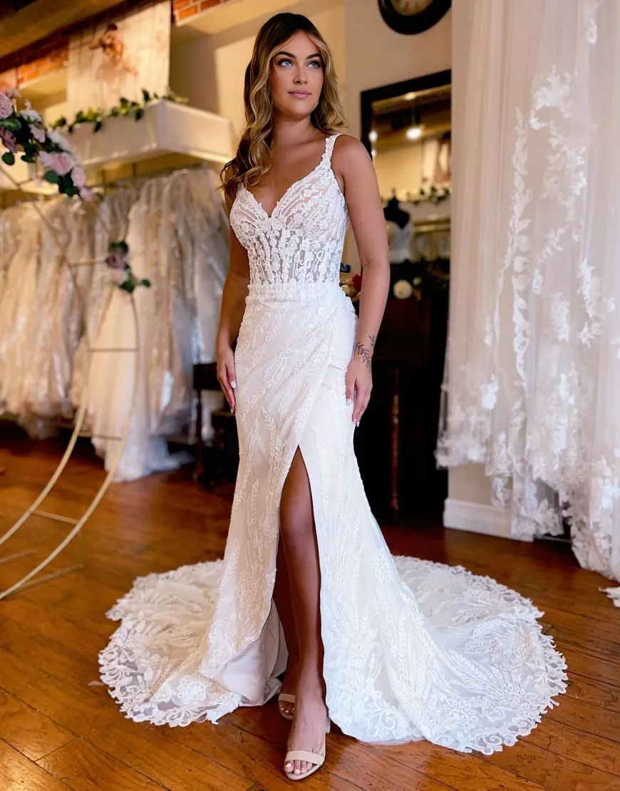 Wholesale Wedding Dress Mermaid Straps Court Train Lace With Split