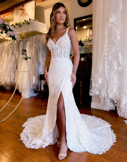 Wholesale Wedding Dress Mermaid Straps Court Train Lace With Split