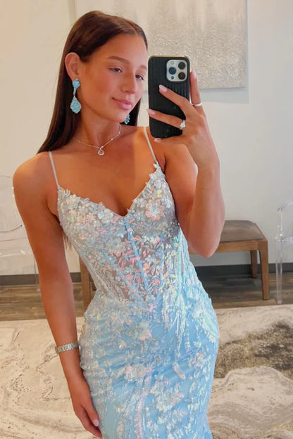 Wholesa Light Blue Sequins Appliques V Neck Long Prom Dresses