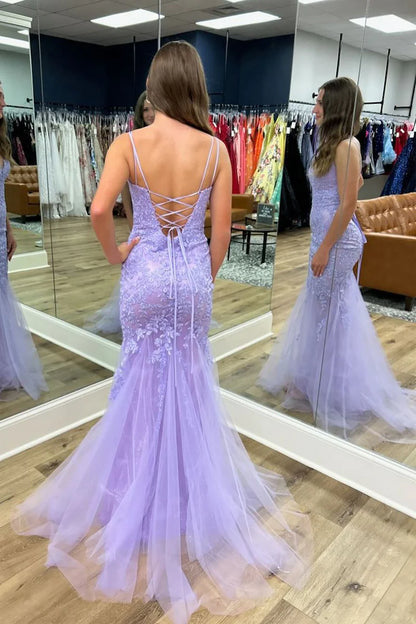 Wholesa Lilac Tulle Lace V Neck Mermaid Long Prom Dresses