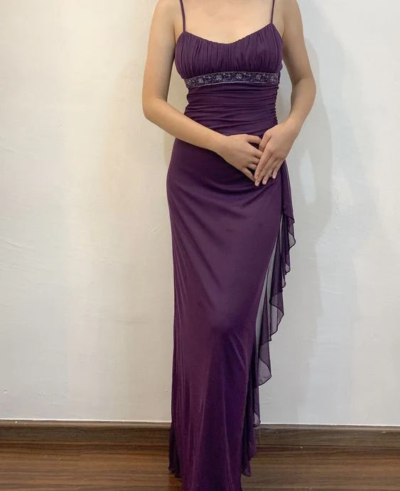 Wholesale Elegant Dresses Gowns Evening Dresses Spaghetti Straps Purple Sheath Formal Party Dress Ruffle Long Prom Dress