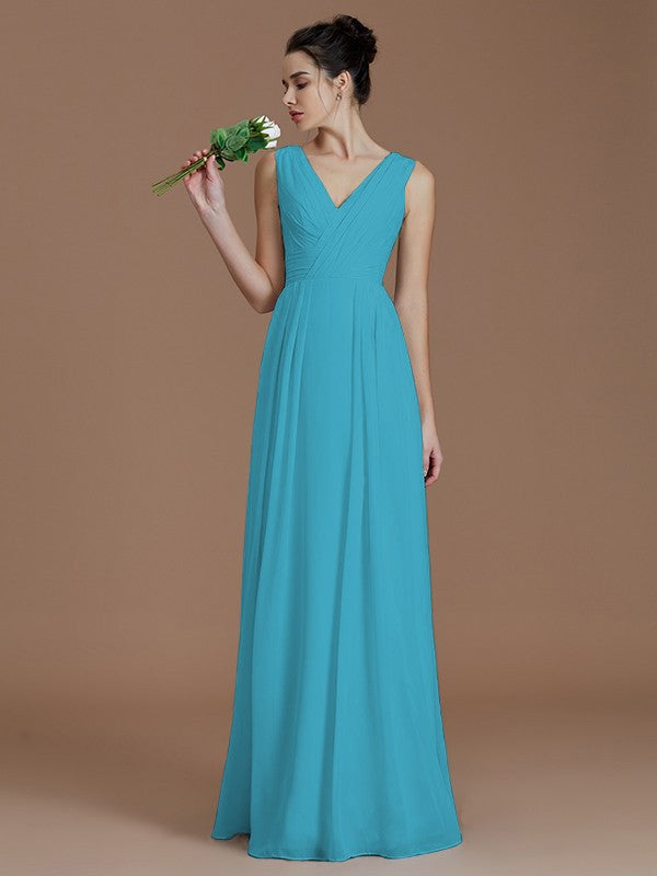 Wholesale A-Line V-neck Sleeveless With Ruched Floor-Length Chiffon Bridesmaid Dresses