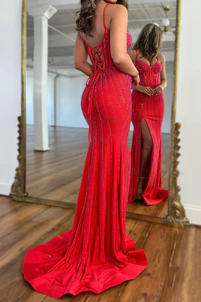 Wholesa Sparkly Red Beaded Corset Long Prom Dress with Slit