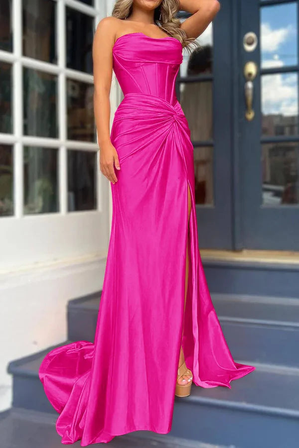 Aimishang Mermaid Evening Dress Strapless Satin Long Prom Dress With Slit