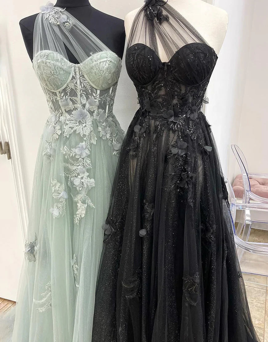 Wholesale A-line Tulle Black Prom Dress Formal Sleeveless with 3D Appliques