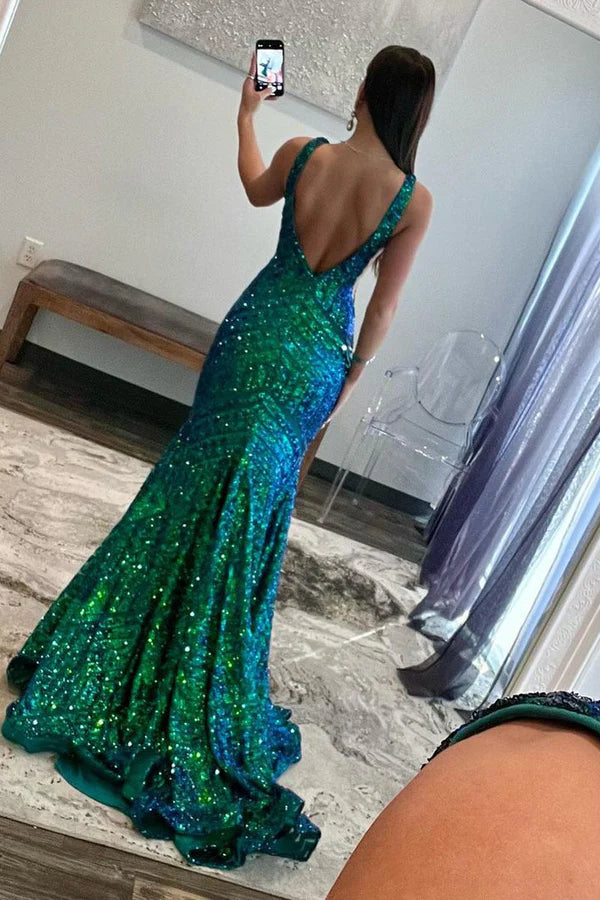 Aimishang Deep V Neck Evening Dress Pink Sequins Mermaid Long Prom Dress