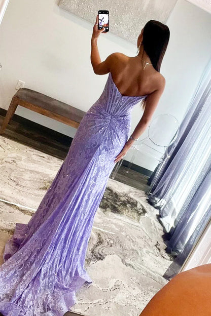 Wholesa Lavender Lace Strapless Mermaid Long Prom Dresses with Slit