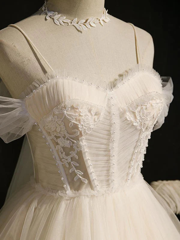 Aimishang Spaghetti Evening Dress Straps Tulle Lace Appliques Short Prom Dresses With Bow