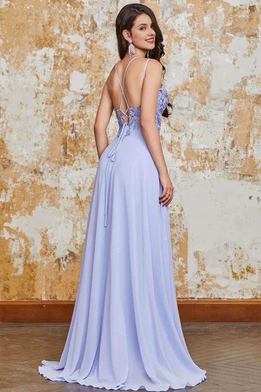 Wholesale Long Prom Dress Lavender A Line Evening Dress Spaghetti Straps Criss Cross Back with Slit