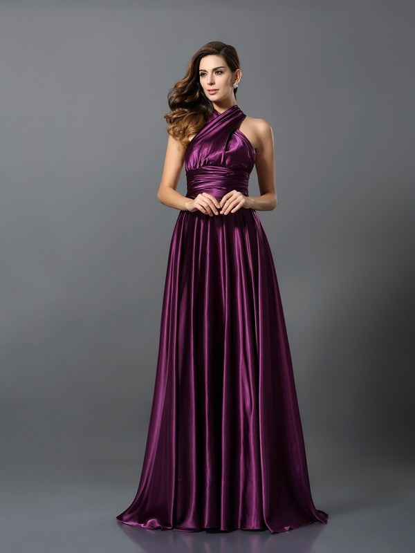 Wholesale A-Line Silk like Satin V-neck Sleeveless Sweep/Brush Train With Pleats Convertible Bridesmaid Dresses