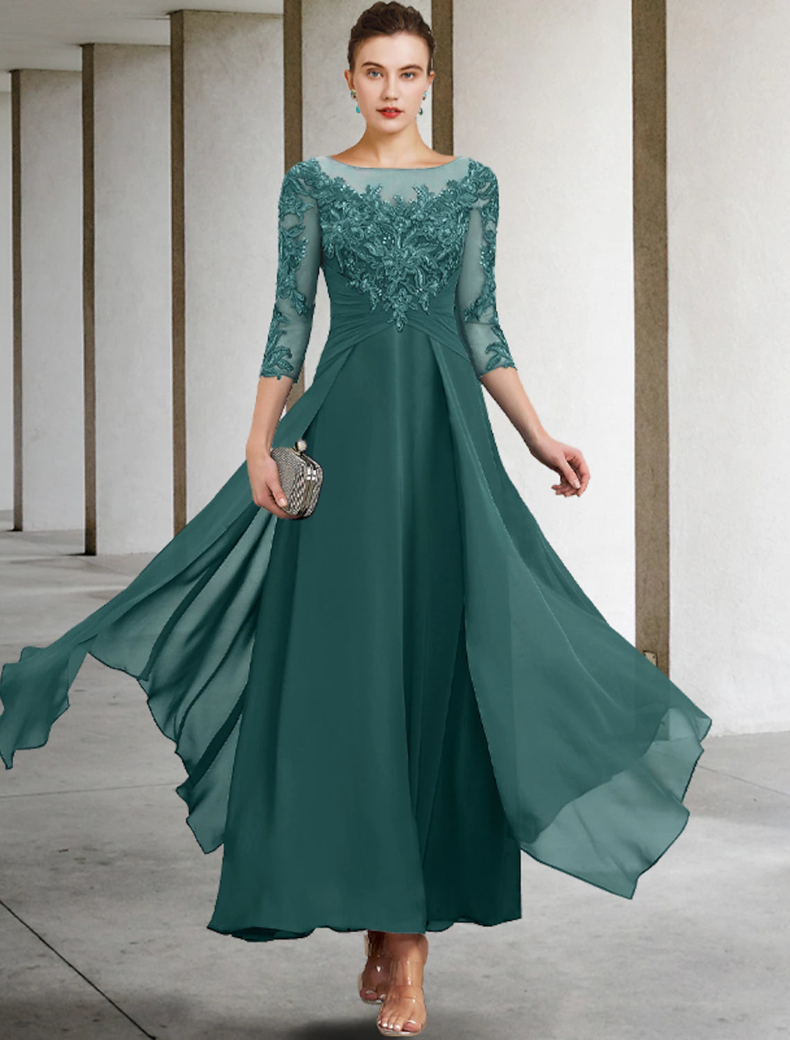 Wholesale A-Line Mother of the Bride Dress Fall Wedding Guest Plus Size Elegant Jewel Neck Ankle Length Chiffon Lace 3/4 Length Sleeve with Ruched Sequin Appliques