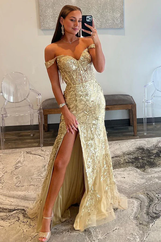 Aimishang Mermaid Prom Dress Gold Lace Off the Shoulder Sequin Evening Dress With Slit