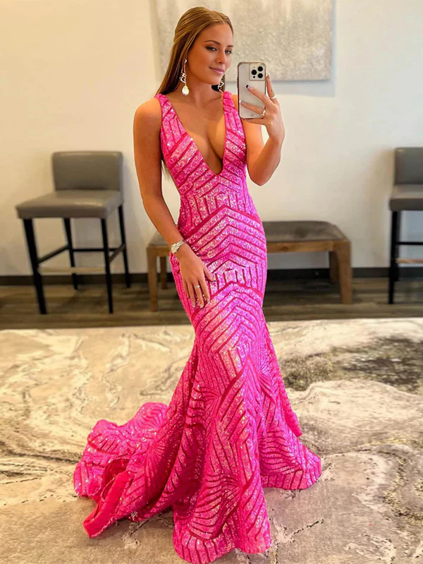 Aimishang Deep V Neck Evening Dress Pink Sequins Mermaid Long Prom Dress