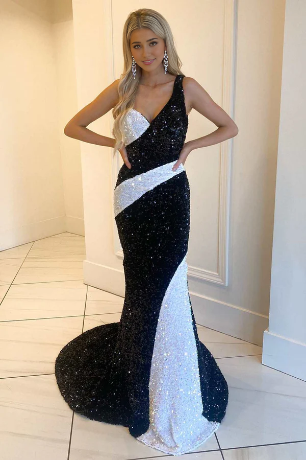 Wholesale Black and White Sequin Evening Dress One-Shoulder Mermaid Long Prom Gowm