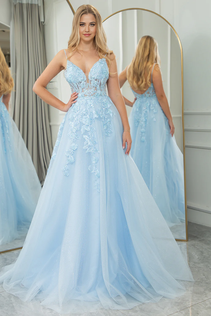 Wholesale Light Blue A Line Corset Tulle Long Prom Dress With Appliques