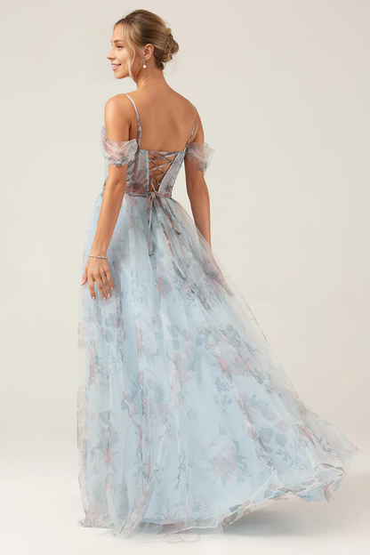 Wholesale Blue Flower A-Line Prom Dresses Spaghetti Straps Corset Long Prom Dress With Slit