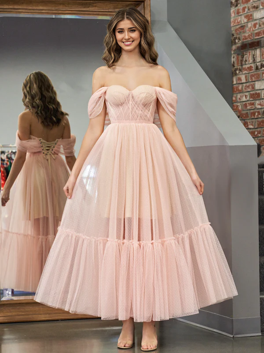 Wholesale A-Line Evening Dress Rose Pink Tulle Sweetheart Tea-Length Prom Dress