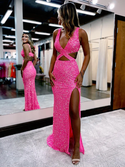 Wholesale Mermaid Evening Dress V Neck Sequins Prom Dress with Slit