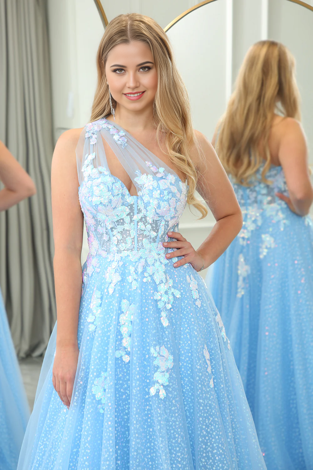 Wholesale Prom Dress A Line One Shoulder Evening Dress Sparkly Sequin Tulle Light Blue With Appliques