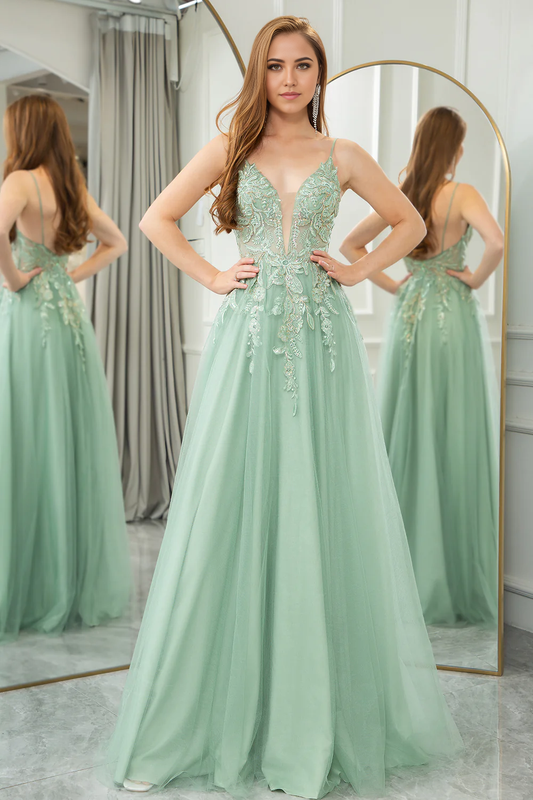 Wholesale A Line Evening Dress Tulle Long Prom Dress Green With Appliques