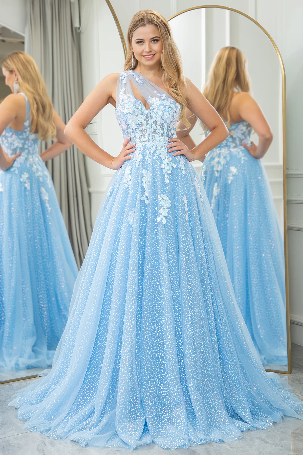 Wholesale Prom Dress A Line One Shoulder Evening Dress Sparkly Sequin Tulle Light Blue With Appliques