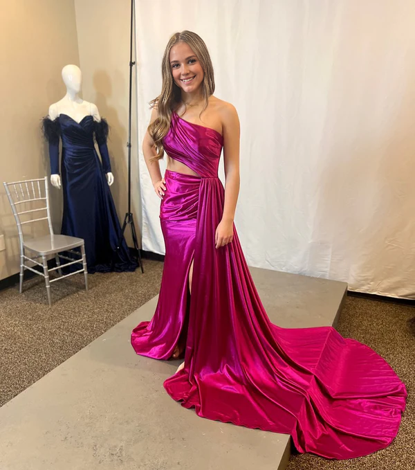 Wholesale Mermaid Evening Dress One Shoulder Satin Prom Dresses with Slit Charming