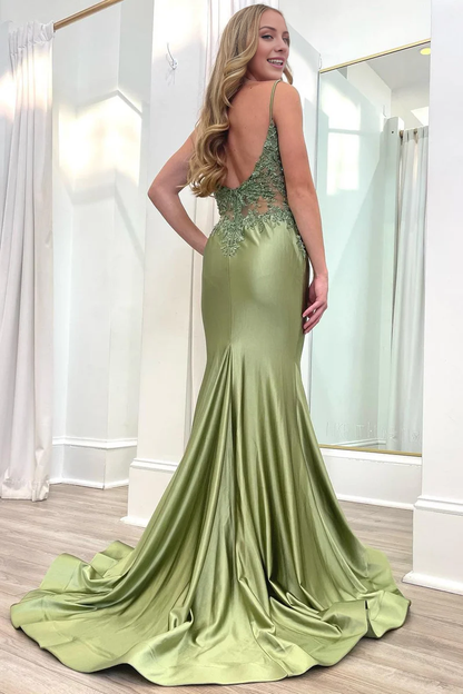 Wholesale Elegant Sage Green Long Gown Prom Dresses Spaghetti Strap Backless Trumpet