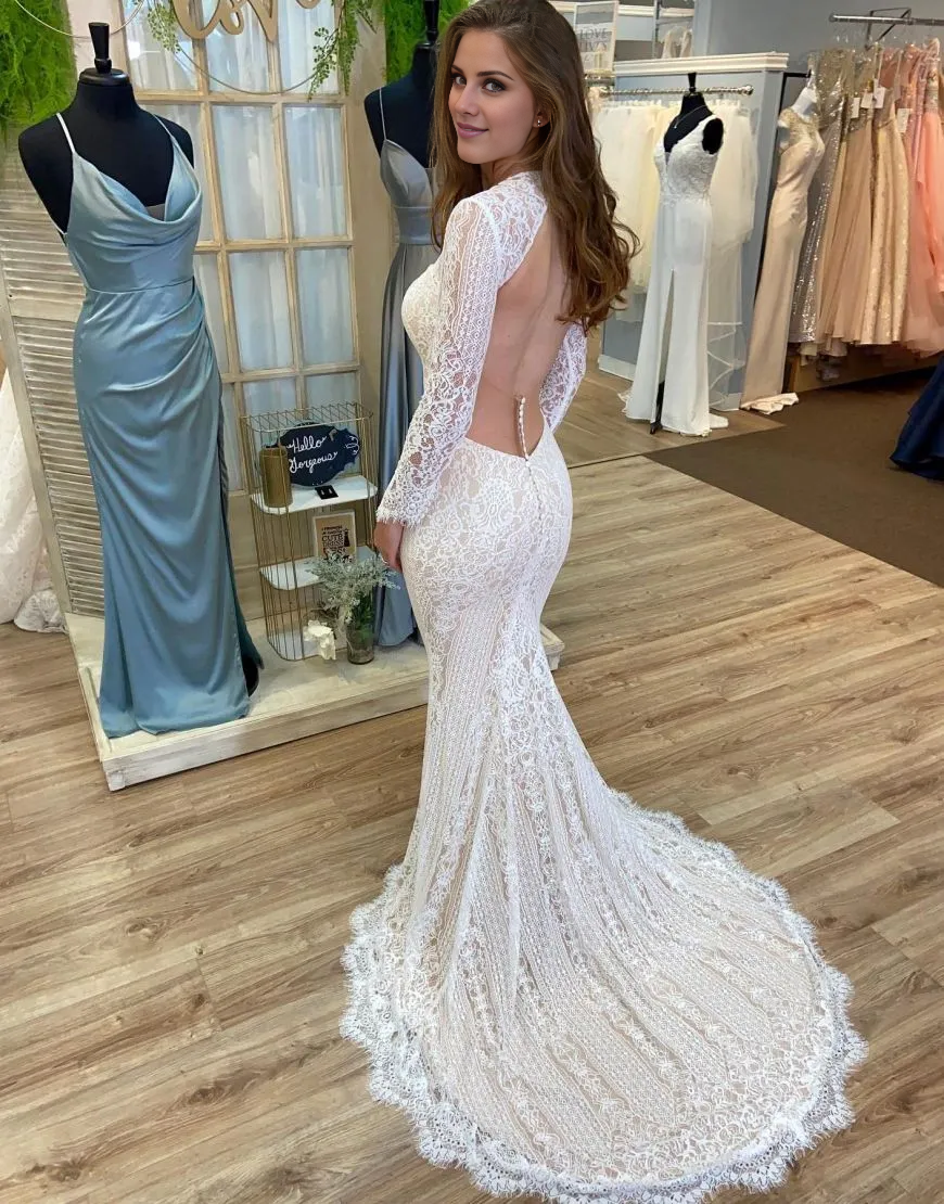 Wholesale Wedding Dress Boho Mermaid Round Neck Long Sleeves Open Back Lace