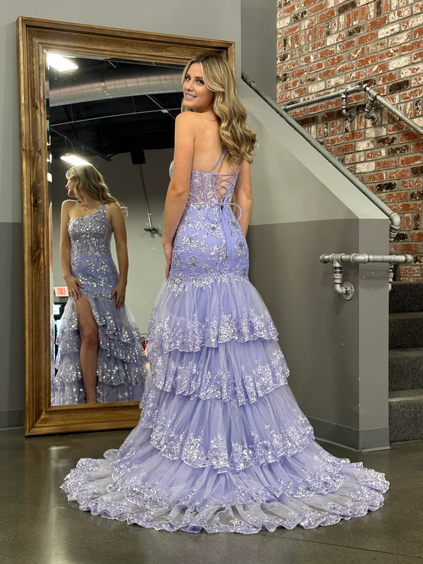 Aimishang Sheath Evening Dress One Shoulder Tiered Lace Long Prom Dress