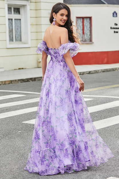 Wholesale Lavender Evening Dress A Line Off the Shoulder Long Prom Dress with Removable Sleeves