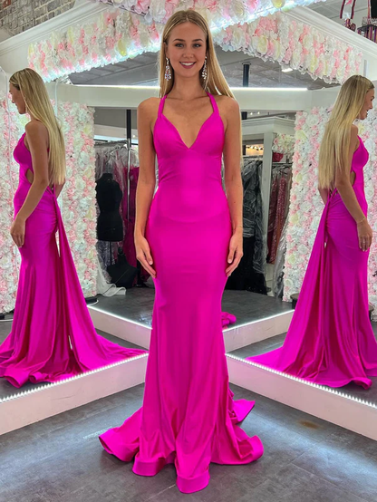 Wholesale Mermaid Evening Dress Pink V Neck Backless Satin Long Prom Dress