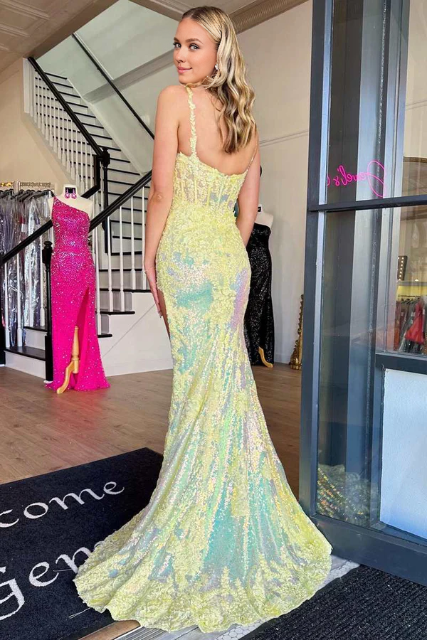 Wholesale Yellow Evening Dress Sequin Appliques Scoop Neck Mermaid Long Prom Dress with Slit