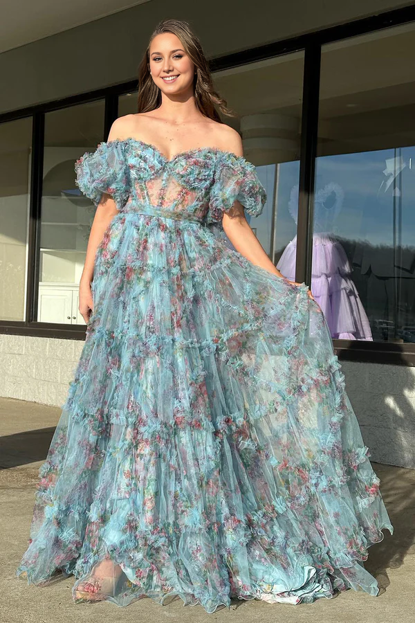 Aimishang A Line Evening Dress Off The Shoulder Floral Tulle Prom Dress