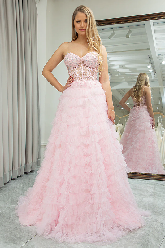 Wholesale Princess Pink A Line Evening Dress Sweetheart Pleated Tiered Long Prom Dress