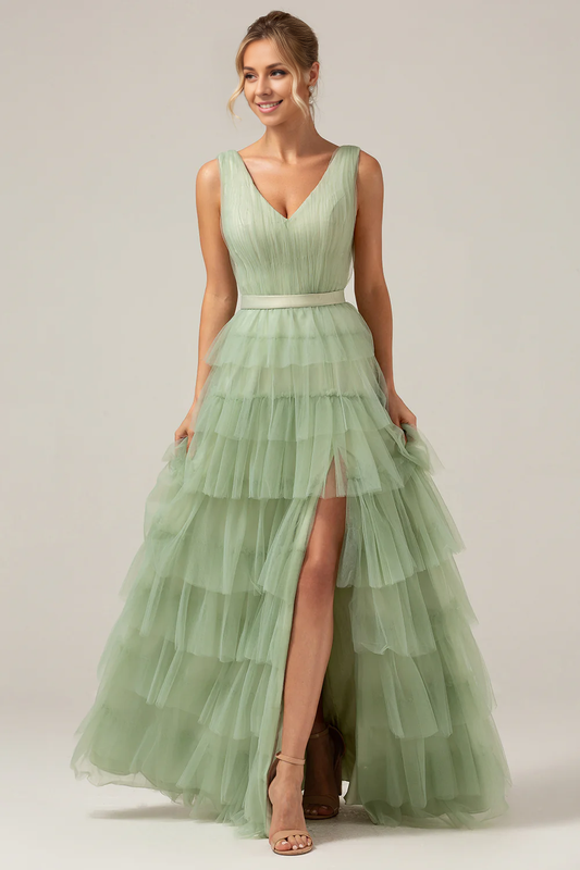 Wholesale Tulle A-Line Prom Dresses V Neck Tiered Maxi Dress With Slit Grey Green