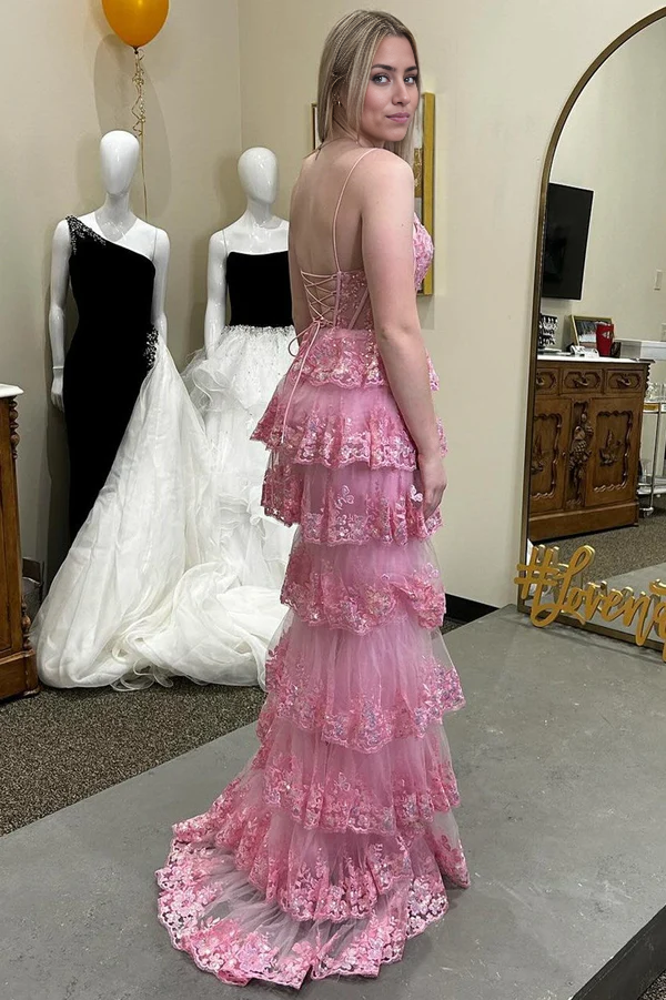 Wholesale Pink Evening Dress Glitter Long Prom Dresses Appliques Lace-Up Ruffle Tiered with Slit