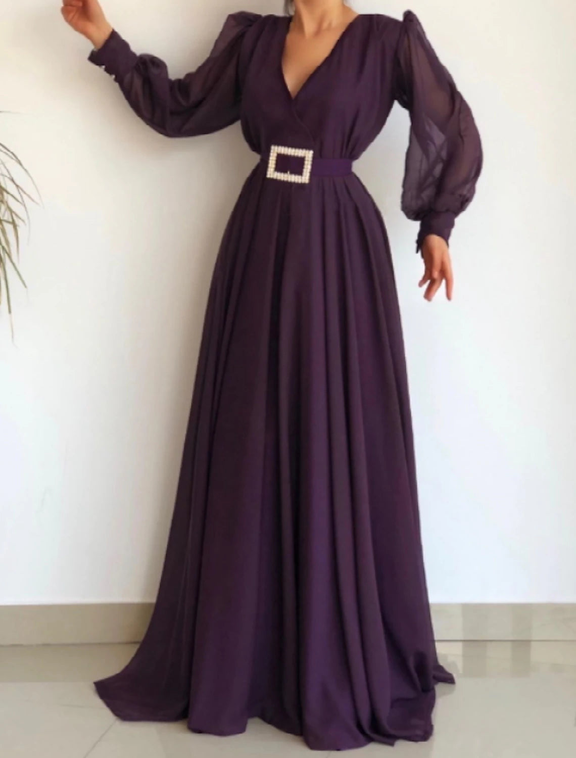 Wholesale Elegant A-Line Minimalist Elegant Engagement Formal Evening Dress V Neck Long Sleeve Floor Length Chiffon with Sash / Ribbon Pleats