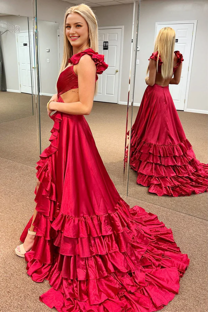 Aimishang Red Cutout Ruffle A-Line Fashionable and Beautiful Long Prom Dress with Slit