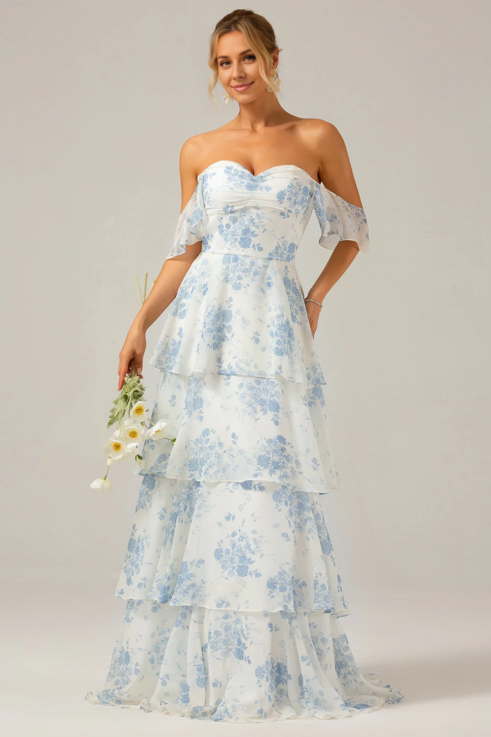 Wholesale A-Line Prom Dresses Spaghetti Straps Backless Print Maxi Dress White Blue Flower