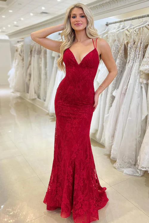 Wholesale Fashion Red Evening Dress Lace V Neck Mermaid Prom Dress