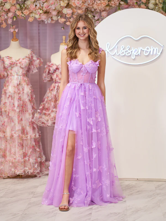 Wholesale Lilac A-line Evening Dress Butterfly Lace Lilac Corset Prom Dress with Slit