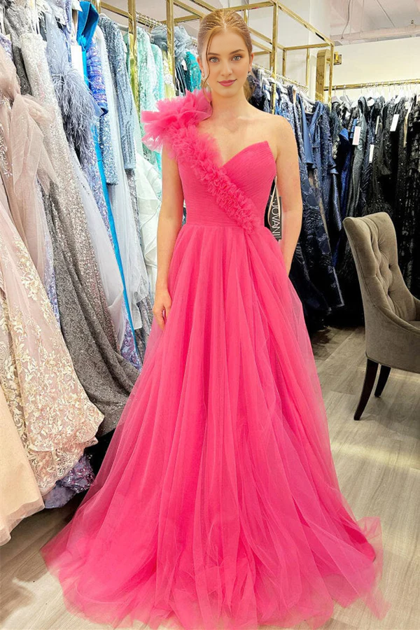 Wholesale Elegant A-Line One Shoulder Long Tulle Prom Dress with Ruffles