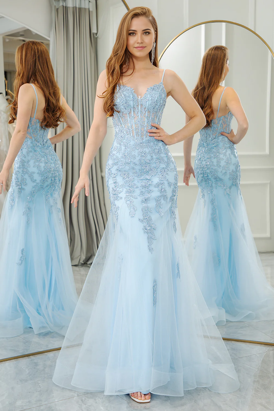 Wholesale Prom Dress Light Blue Long Corset Mermaid Evening Dress Appliqued With Slit