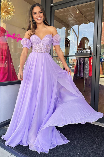 Wholesale Elegant A line Sweetheart Chiffon Prom Dress with Puff Sleeves