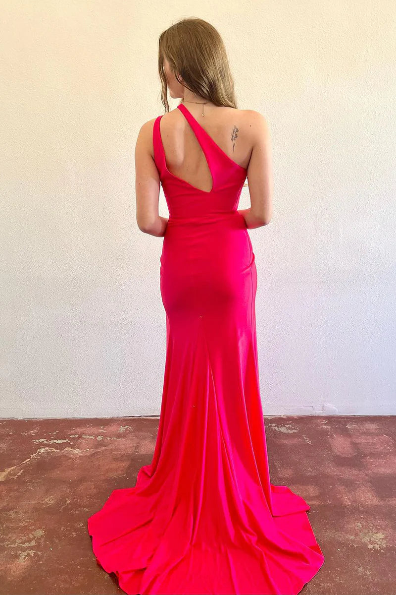 Wholesa Fuchsia One Shoulder Long Prom Dress with Slit