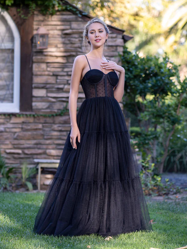 Wholesale Corset Dotted Tulle Evening Dress Spaghetti Straps Floor Length Prom Dress