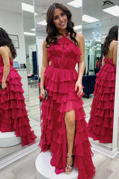 Wholesale Elegant Evening Dress Halter Keyhole Ruffle Tiered Prom Dress with Slit