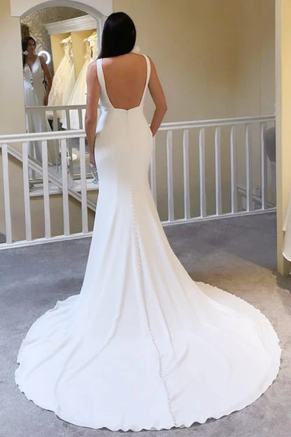 Wholesale Elegant Ivory Plunge V Open Back Mermaid Long Wedding Dress