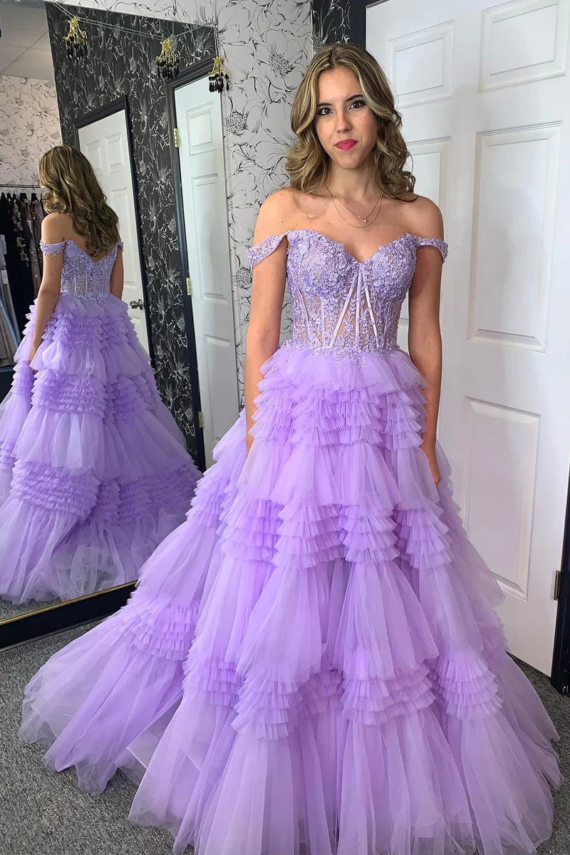 Wholesa Lilac Off the Shoulder Tiered Tulle Long Prom Dresses with Appliques